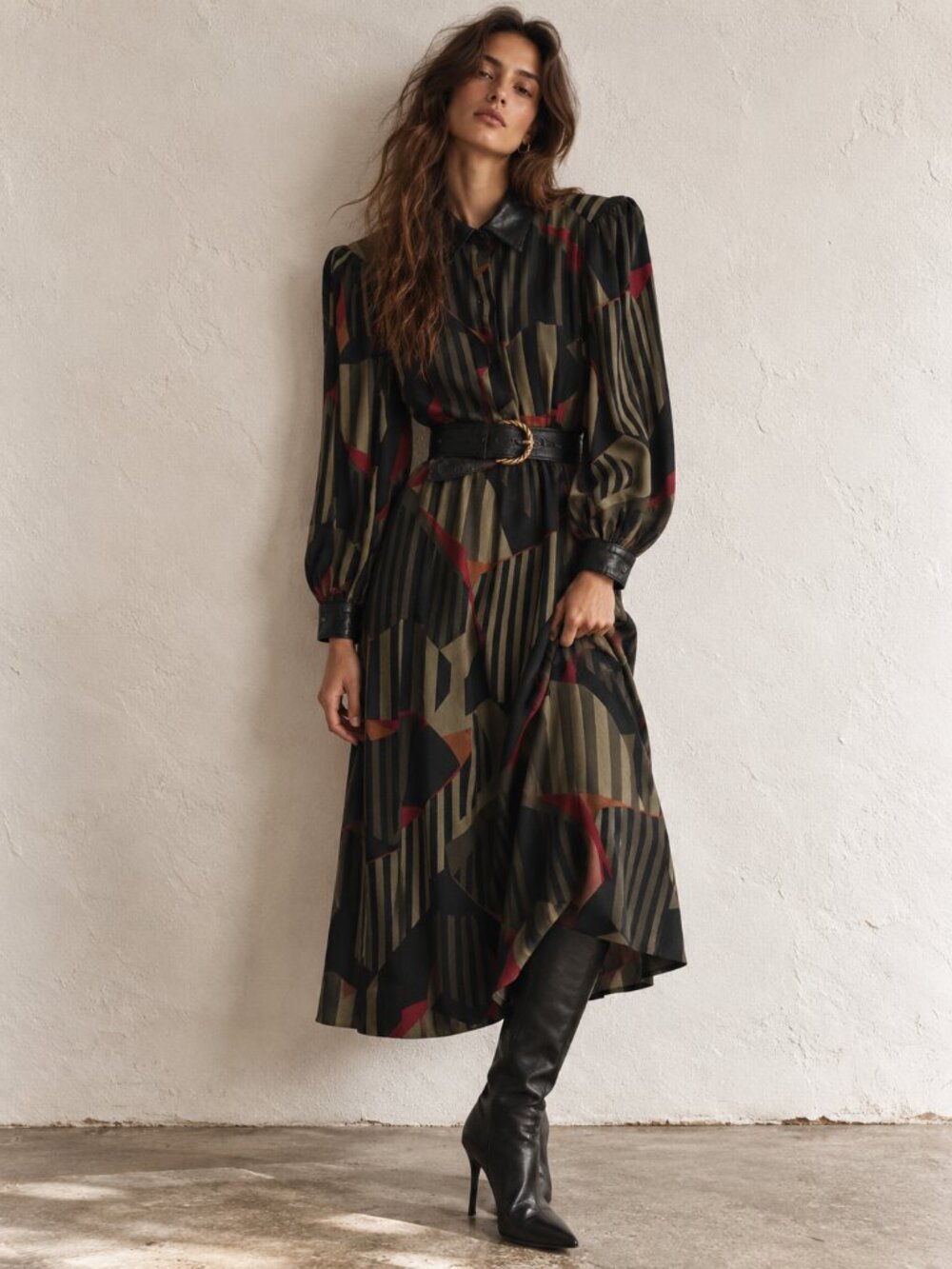 Vintage Wool Dress Black Leather Collar Cuffs | Strong Shoulder Midi